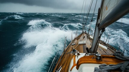 a dramatic seascape captures the intensity of a stormy sea with waes crashing against the shore, as a small boat rides out the turbulent waters