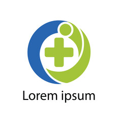 Obraz premium Medical Care Logo Design – Abstract Health Symbol with Cross and Person in Blue and Green.