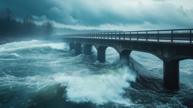 a dramatic iew of a bridge during a stormy weather, with powerful rier waes crashing against the structure as strong winds rage on