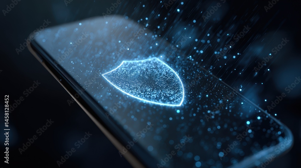 Poster digital shield smartphone security concept cybersecurity protection on mobile device data privacy an