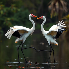 Graceful Courtship: Two Majestic Cranes Performing an Elegant Dance of Love Amidst Nature's Beauty, Engaged in a Delicate Display of Affection