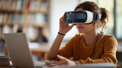 Naklejka premium Young Woman Uses VR Headset for Educational Purposes in Library Setting