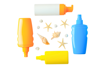 Colorful sunscreen bottles and beach shells for summer fun, isolated on white, PNG