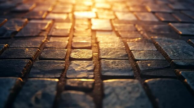 Sunlit cobblestone pavement, textured surface, warm light