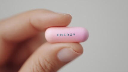 Minimalist Close-Up of Pink Energy Pill Between Fingers – Wellness and Supplement Concept