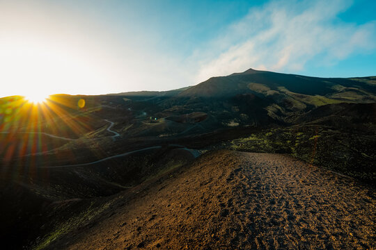 Etna Volcano crater near Catania, Italy, Sicily. Silvestri lava volcanic crater at the slopes of Mount Etna