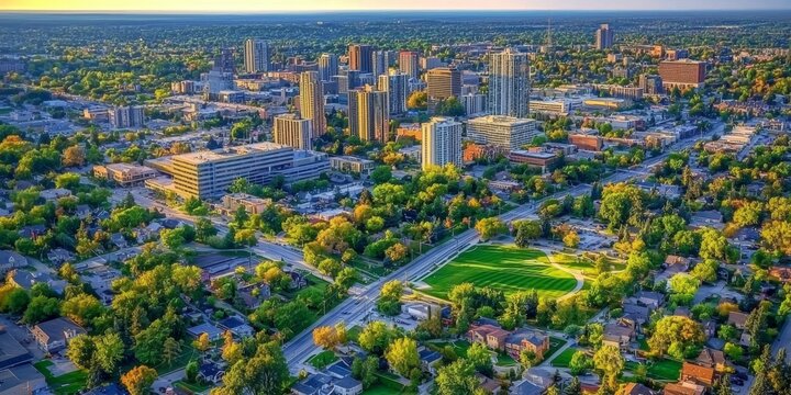 Aerial view of downtown Brampton, Ontario highlights urban development