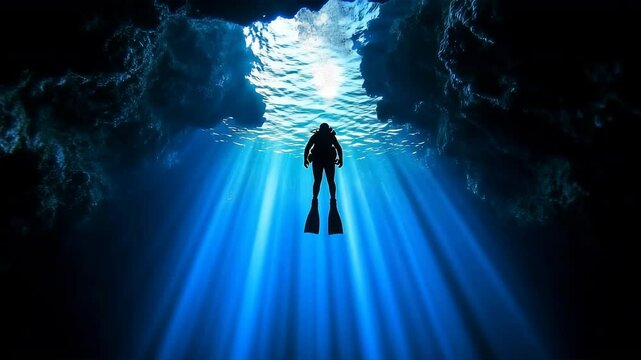水中洞窟で光に向かって浮上するダイバーのシルエット