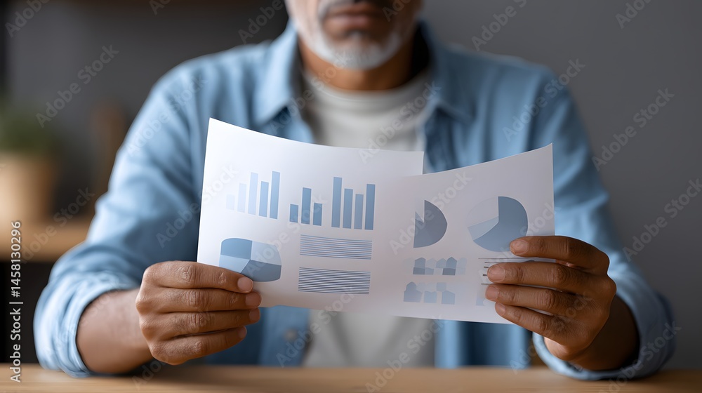 Poster close-up of an advisor reviewing financial documents with charts and graphs, showcasing expertise in