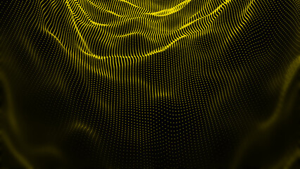 Abstract Yellow particle waving texture with glowing particles. Cyber or technology digital background