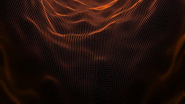 Abstract Orange particle waving texture with glowing particles. Cyber or technology digital background
