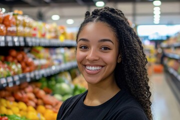 Smiling Black woman in grocery store aisle.