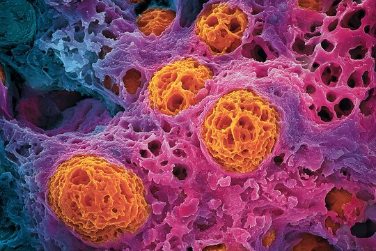 Real microscopic photo of pancreatic adenocarcinoma cells with irregular ducts and dense fibrotic tissue.
