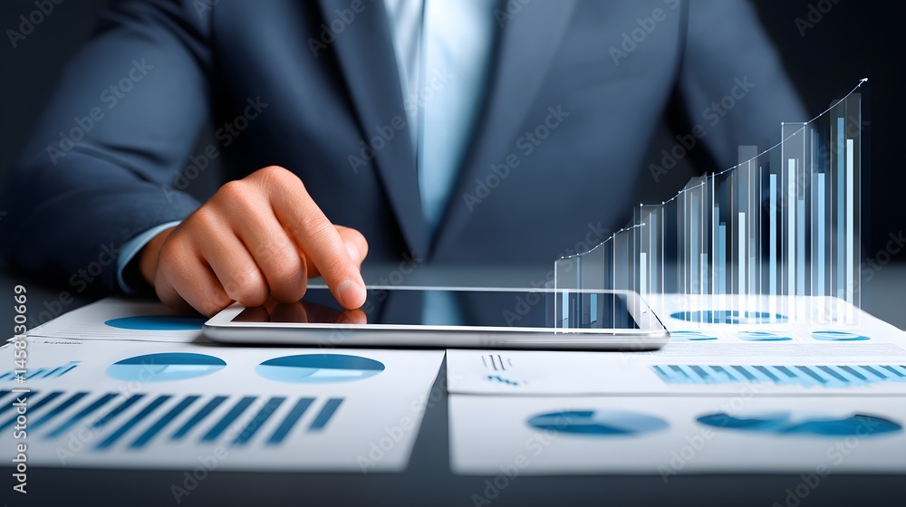 Poster close-up of an advisor explaining investment options using a tablet, with focus on analytical tools 