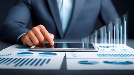 Close-up of an advisor explaining investment options using a tablet, with focus on analytical tools and planning expertise. Ample copy space for messaging.
