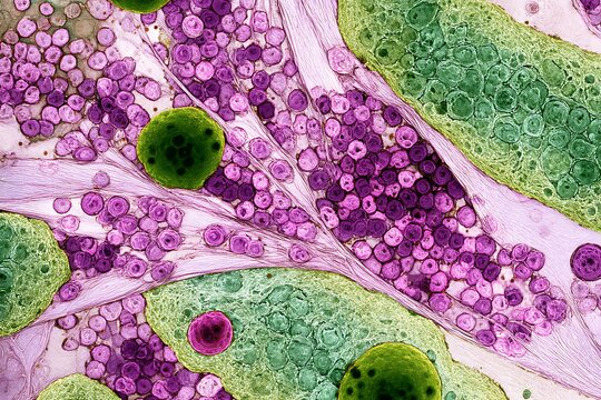 Real microscopic photo of pancreatic adenocarcinoma cells with irregular ducts and dense fibrotic tissue.
