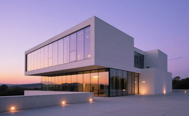 Obraz premium A striking minimalist building with large glass and white concrete surfaces, captured at dusk. The structure has a bold, geometric shape with cantilevered sections and sharp lines. A few warm light