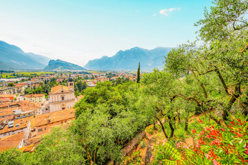 Arco castle ruins on cliffs above Garda lake, Trentino, Italy. Lago di garda