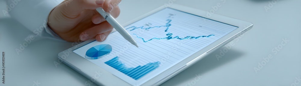 Poster advisor reviewing stock market charts on a digital device, close-up view focusing on analysis and pl