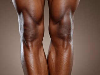Close-up of toned male legs showcasing smooth skin texture and muscular definition highlighting the beauty of human anatomy under soft illuminated lighting in a minimalist background