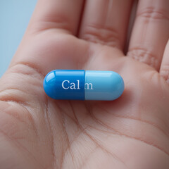 Close-up of a hand holding a blue capsule with the word "Calm" written on it, symbolizing stress relief.