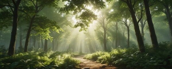 Obraz premium Lush green forest with sunlight dappling through leaves, canopy, nature