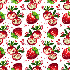 Seamless pattern featuring ripe strawberries, halved pomegranates with seeds, green leaves, and scattered berry accents on a white background