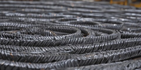 Close-up of coiled steel sheet, factory floor,  steel coil storage,  manufacturing process,  background