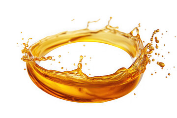 Golden liquid forms a ring with splashes and droplets on transparent background