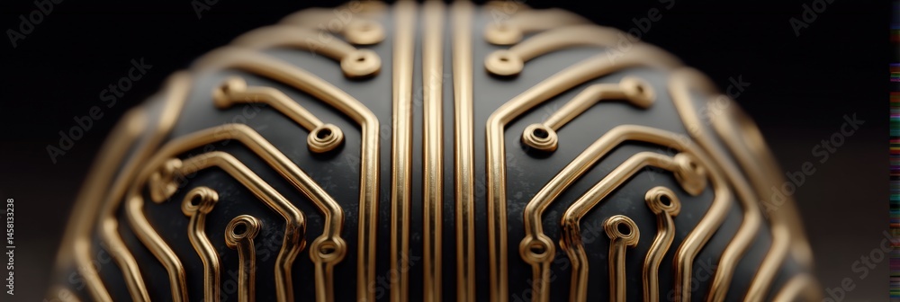 Poster intricate close-up of a futuristic neural network design featuring dazzling gold and black circuit p