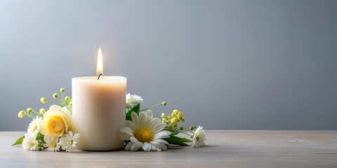 Elegant candle arrangement with fresh flowers on a beige backdrop.