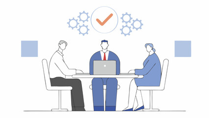 "Business Job Interview Concept: Vector Cartoon Illustration of Two Men in Suits Shaking Hands with Woman Reviewing Documents at Desk"