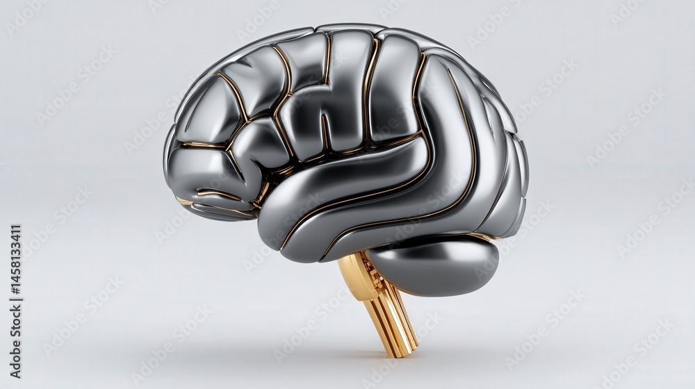 Poster intricately designed metallic brain sculpture representing cognitive strength and intelligence showc