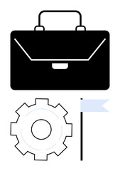 Black briefcase symbolizes business, gear for process improvement, and flag for achievement. Ideal for business planning, strategy, teamwork, success, leadership, development simple landing page