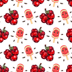 Seamless pattern featuring red cherries, cartoon watermelon popsicles with faces, and scattered seeds on a white background