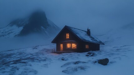 a serene mountain cabin stands strong against the fury of a winter storm, with snowfall whipping across the landscape and wind howling through the trees