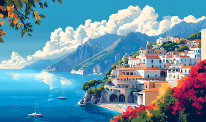 Amalfi coast scenery Italy beautiful, presentation pictures, Illustration, Generative AI