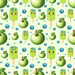 Seamless pattern featuring kawaii green popsicles with blueberries, whole green apples, and scattered blueberries on a light background