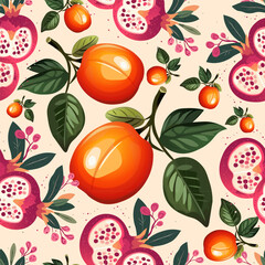 Citrus, Pomegranate and Guava Botanical Illustration. Seamless Pattern with Juicy Fruits and Green Leavesv