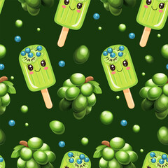 Green Grape Popsicle and Blueberry Seamless Pattern. Kawaii Ice Cream with Grapes and Blueberries Vector Background