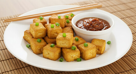Fototapeta premium Golden Fried Tofu Cubes with Chili Sauce and Chopsticks on Bamboo Mat in Bright Kitchen