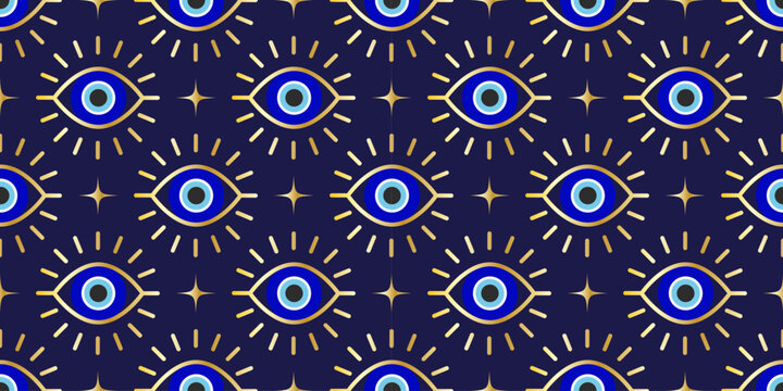 Evil eye seamless pattern. Turkish vector background with blue beads and magic nazar. Mystic Greek amulet is the symbol of protection and luck. Arabic and Mediterranean ethnic wallpaper