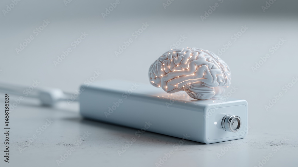 Poster charging the mind: a conceptual shot showing a brain-shaped object resting on a charging device, spa