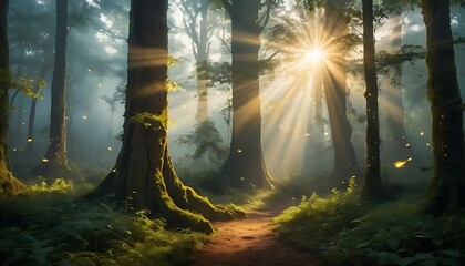 Obraz premium Sunlight streams through a dense forest, illuminating a path, with magical, dreamlike atmosphere.