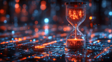 Glowing digital hourglass floats in a futuristic space with flowing particles and LED-style light, symbolizing the fusion of time and advanced technology in an abstract modern world.

