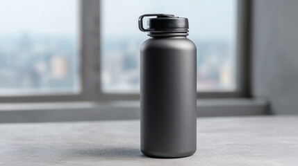 Black Water Bottle Mockup: A sleek black water bottle, designed for practicality and style, stands prominently in the forefront against a backdrop of modern window views.