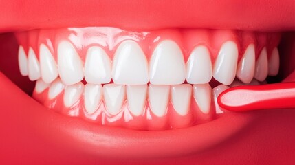 Fototapeta premium Close-up of Bright White Teeth Being Brushed with a Red Toothbrush
