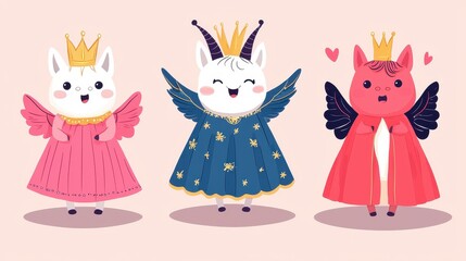 Cute Cartoon Animals in Colorful Costumes with Crowns and Wings