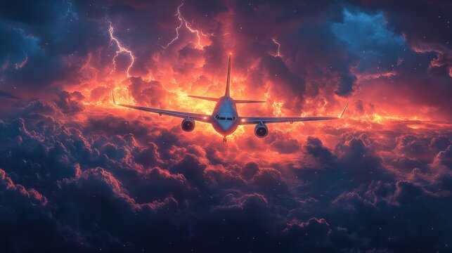 a dramatic storm clouds oer a small airplane during a turbulent flight, with lightning illuminating the dk skies