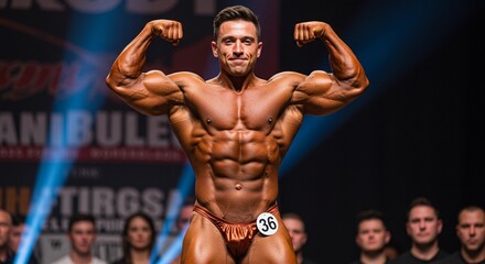 Obraz premium Bodybuilder flexing his muscles on stage during a competition with an audience watching him perform